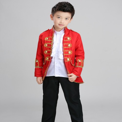 Boys European palace folk jazz dance costumes red black white minority ancient party jazz singers show dancers dancing outfits  tops and pants